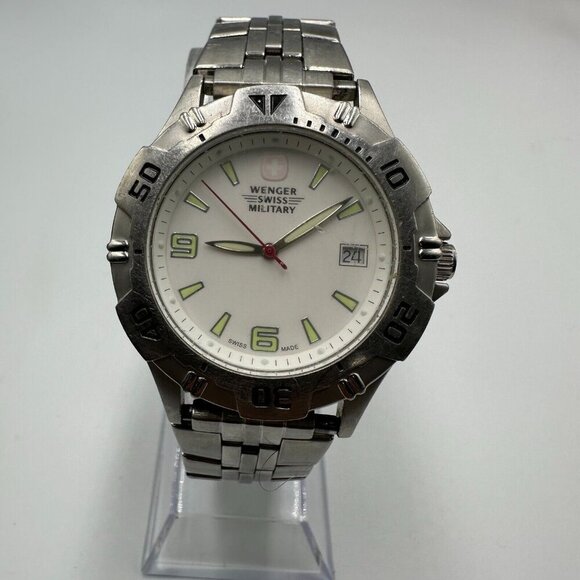 Wenger Swiss Military Watch Men Silver Tone White Dial Date Window New Battery - Picture 1 of 14
